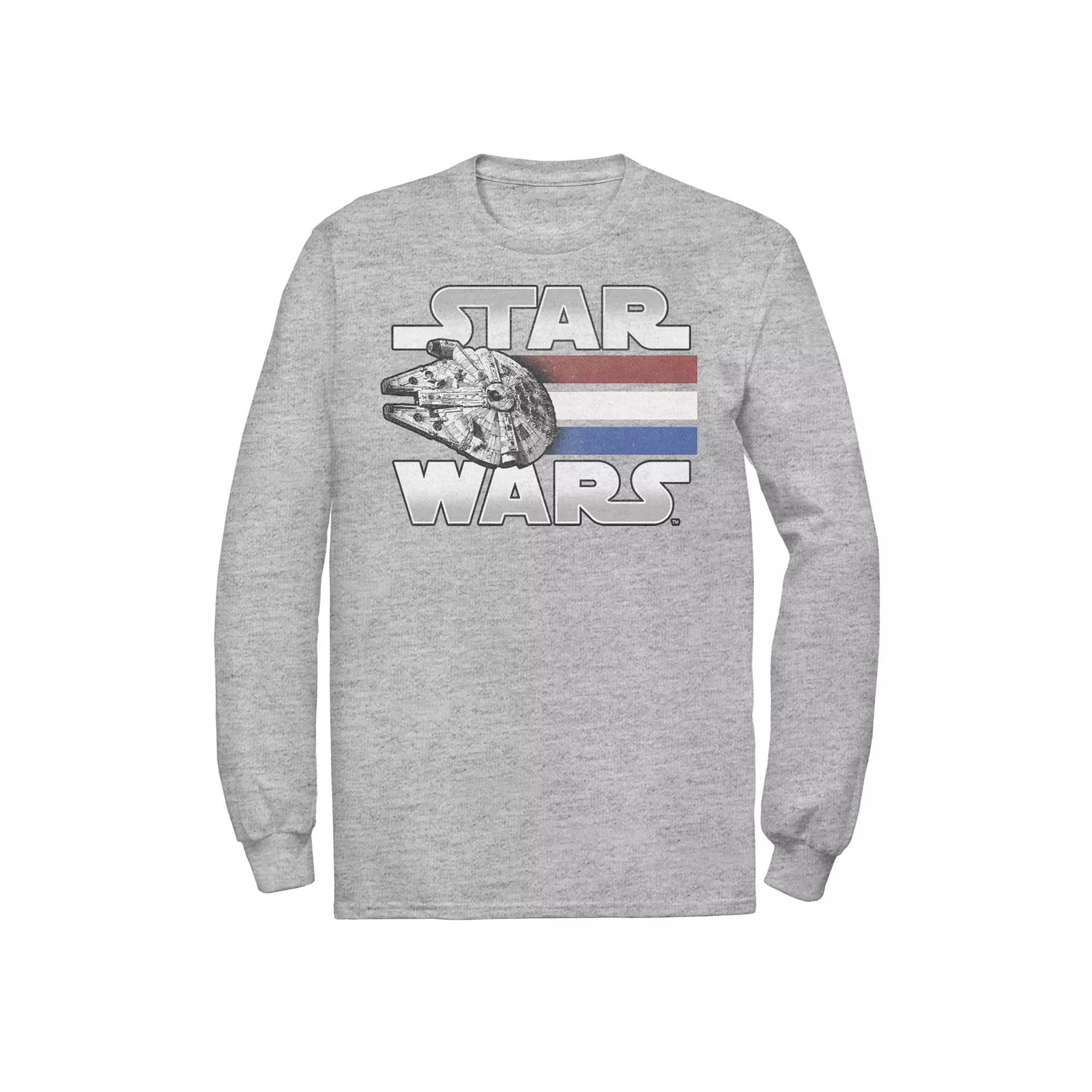 Mens Star Wars Millennium Falcon Red White & Blue Stripes Long Sleeve Tee Athletic Grey Product Image