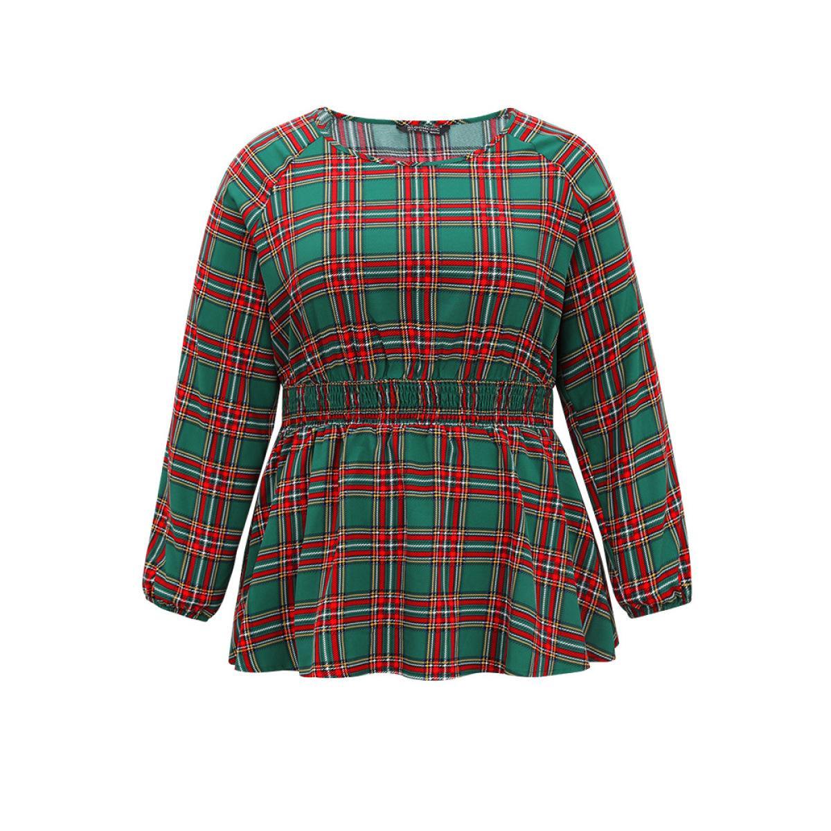 Plus Size Green Christmas Plaid Shirred Ruffle Hem Blouse Women Elegant Long Sleeve Round Neck Festival-Christmas Blouses BloomChic 12/L Product Image