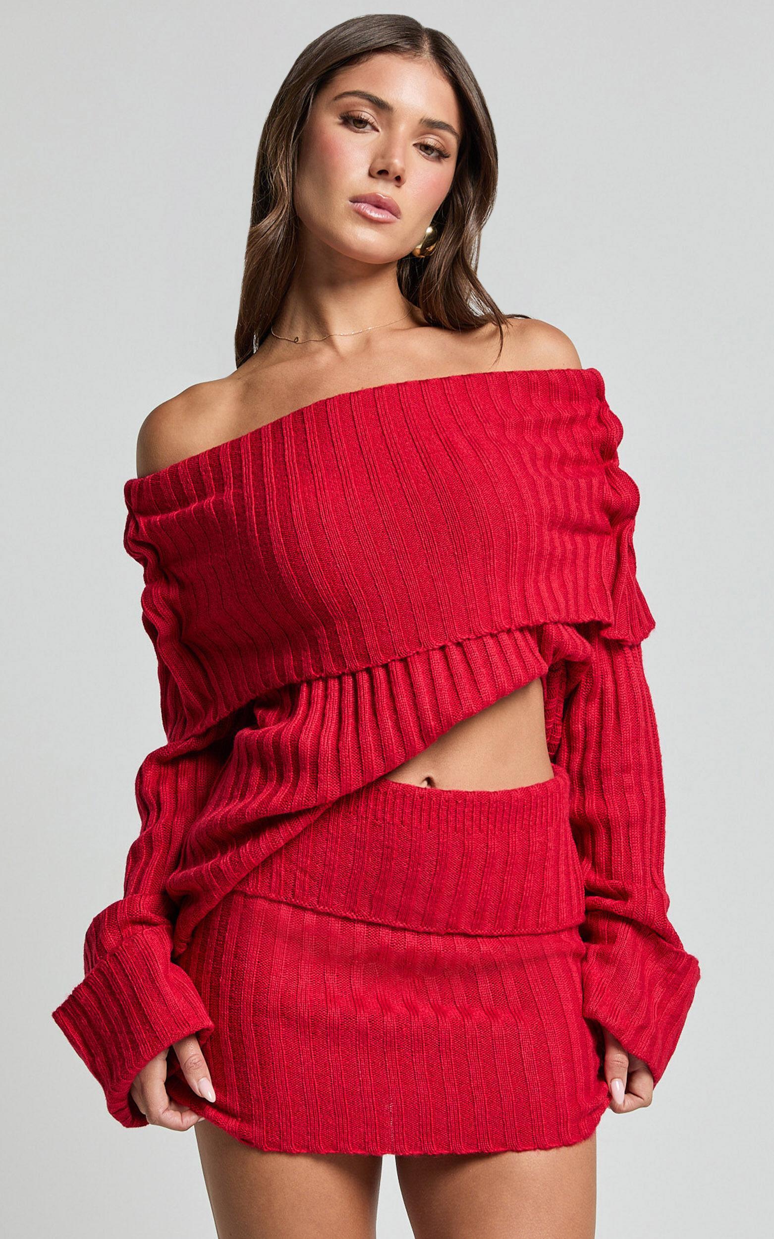 SNDYS The Label - Brooks Off Shoulder Jumper in Cherry Product Image