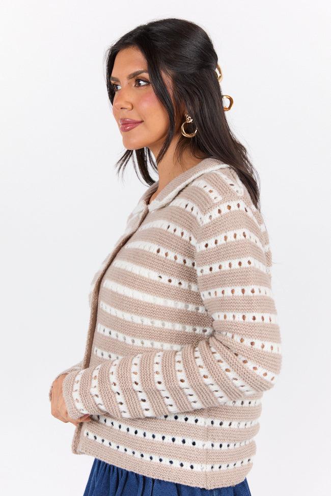 Warm Feelings Taupe Open Knit Striped Collared Cardigan SALE Product Image