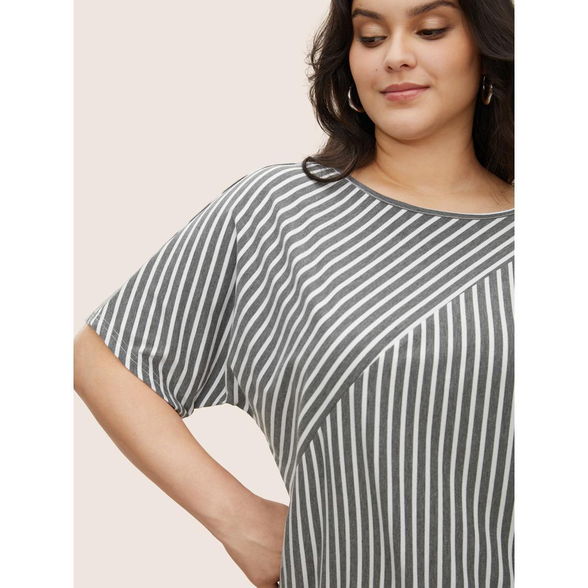 Plus Size Stripes Round Neck Dolman Sleeve T-shirt Gray Women Casual Contrast Round Neck Everyday T-shirts BloomChic 30/6X Product Image