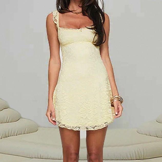 Square Neck Ruffle Strap Lace Mini Dress Product Image