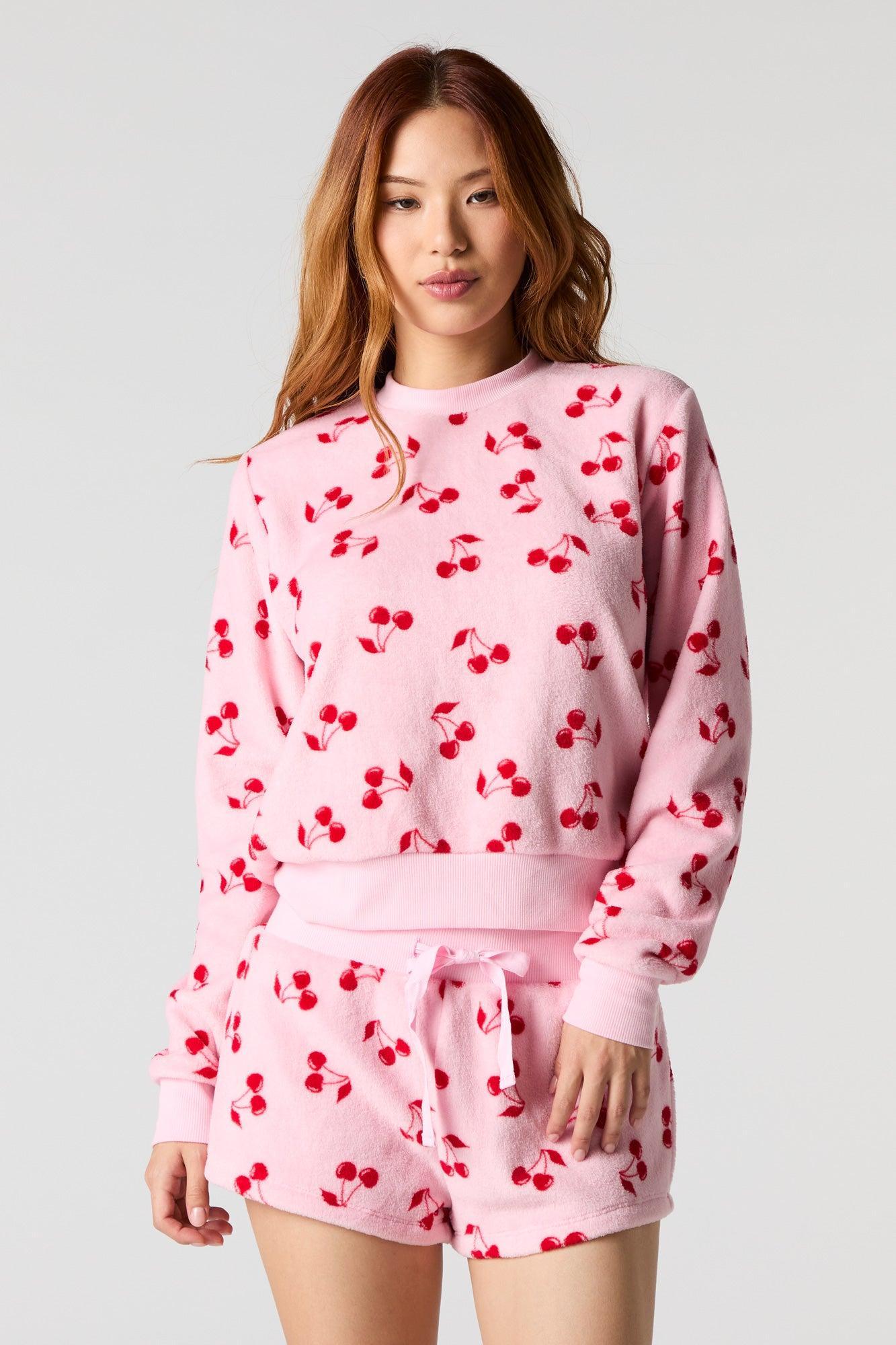 Printed Plush Long Sleeve & Short 2 Piece Pajama Set Female Product Image