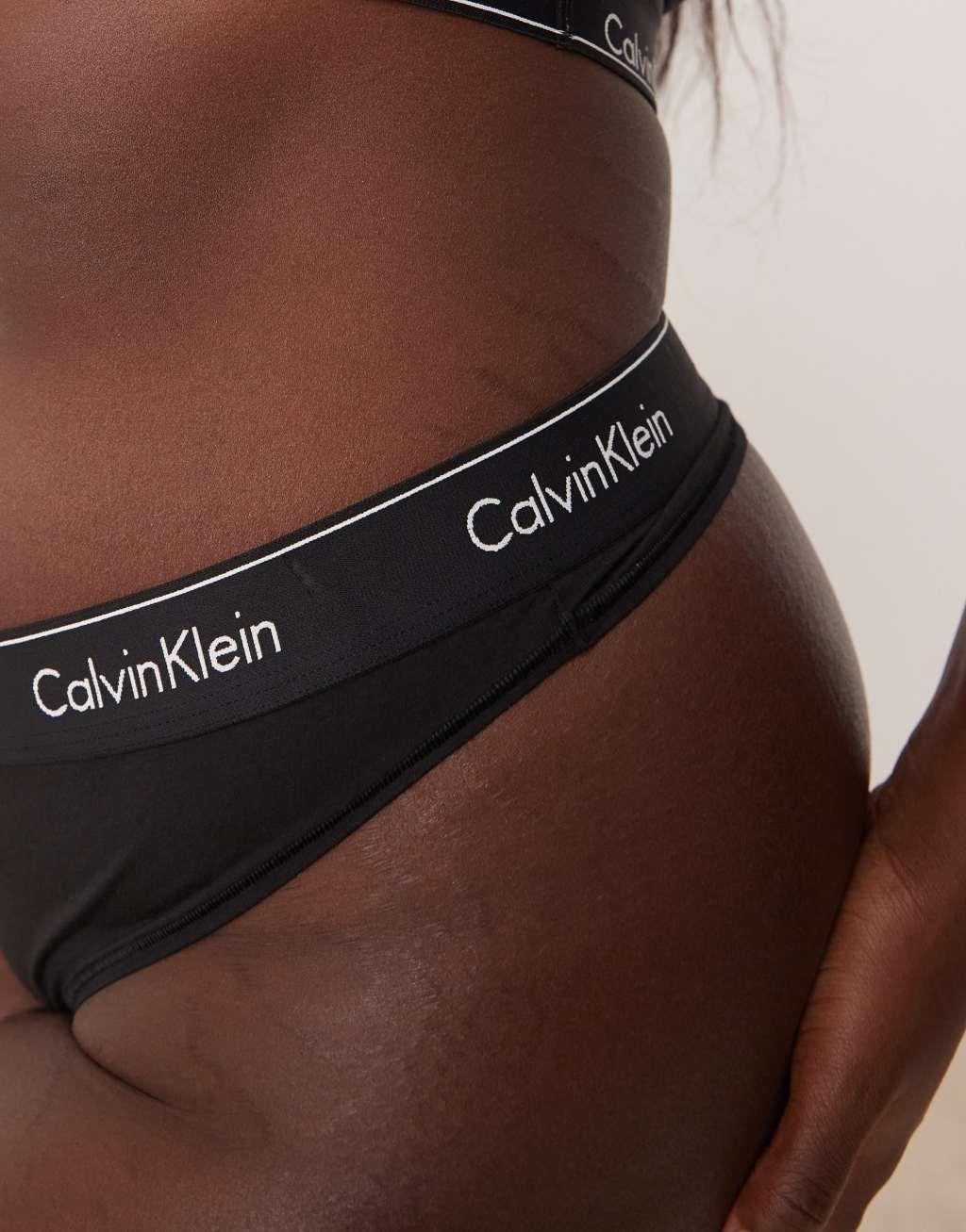 Calvin Klein Plus Modern Cotton unlined racerback logo tape bralette in black Product Image