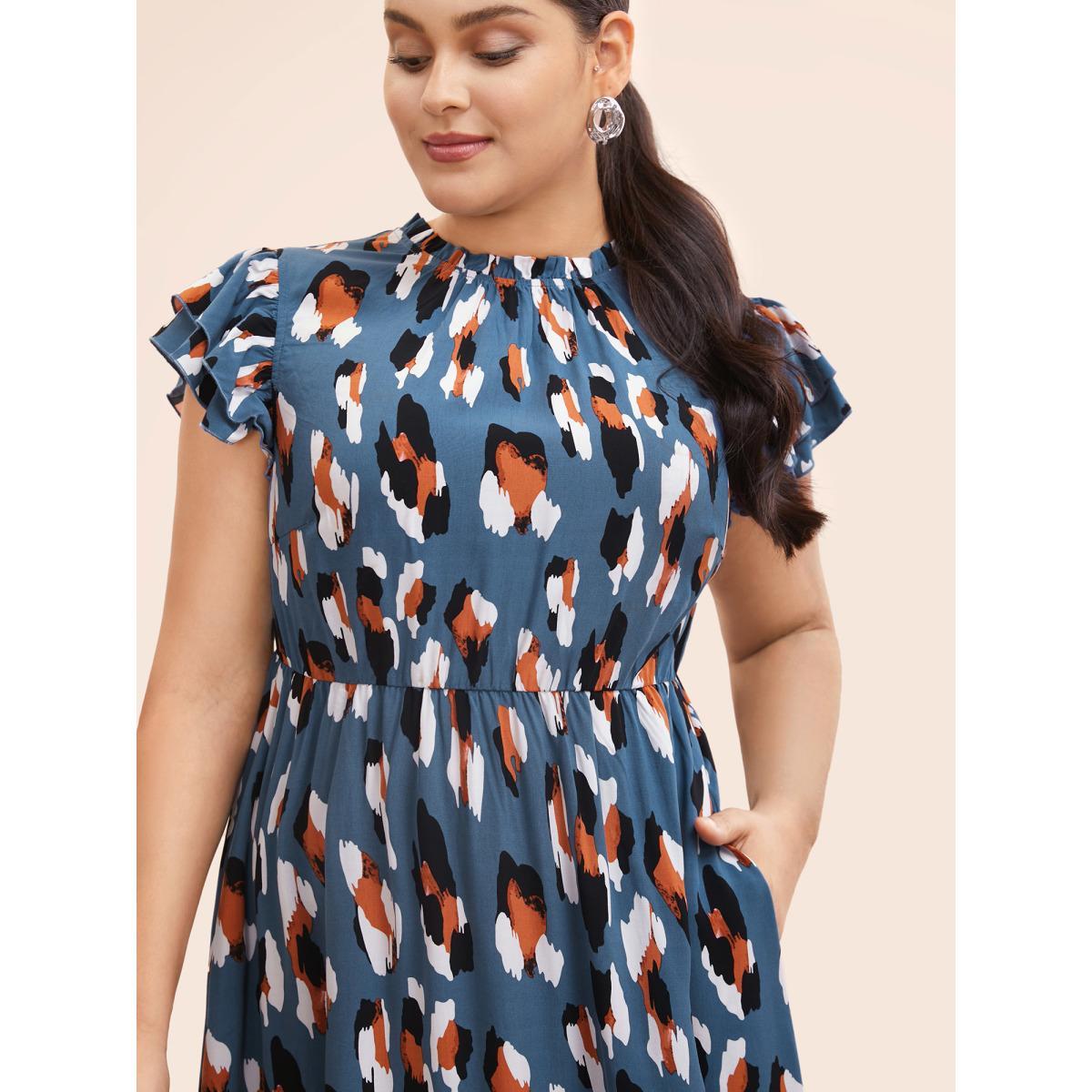 Plus Size Allover Print Frill Trim Flutter Sleeve Dress Aegean Women Office Gathered Mock Neck Sleeveless Curvy Midi Dress BloomChic 10/M Product Image