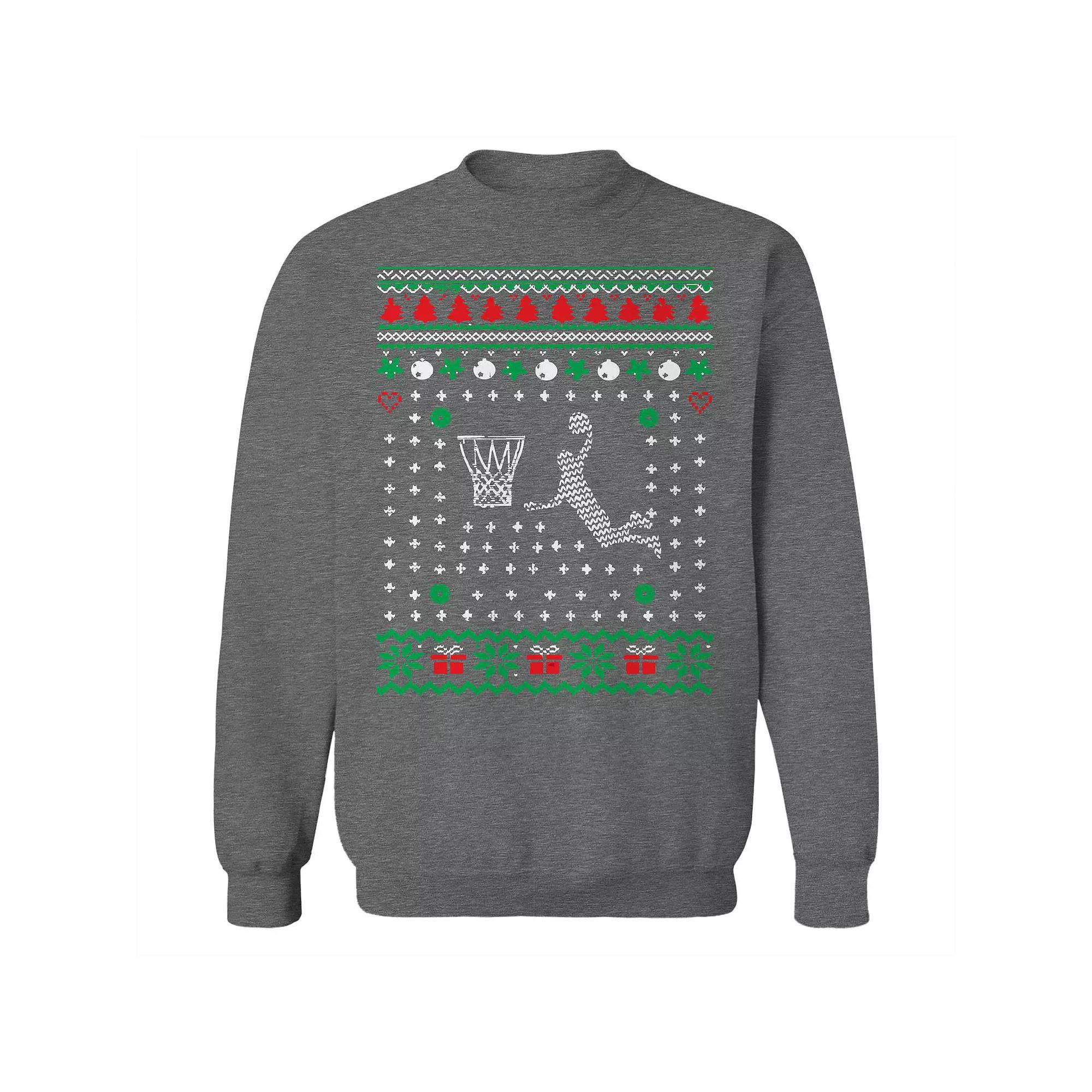 Men's Basket Ugly Christmas Sweater Graphic Sweatshirt, Size: Small, Grey Heather Product Image