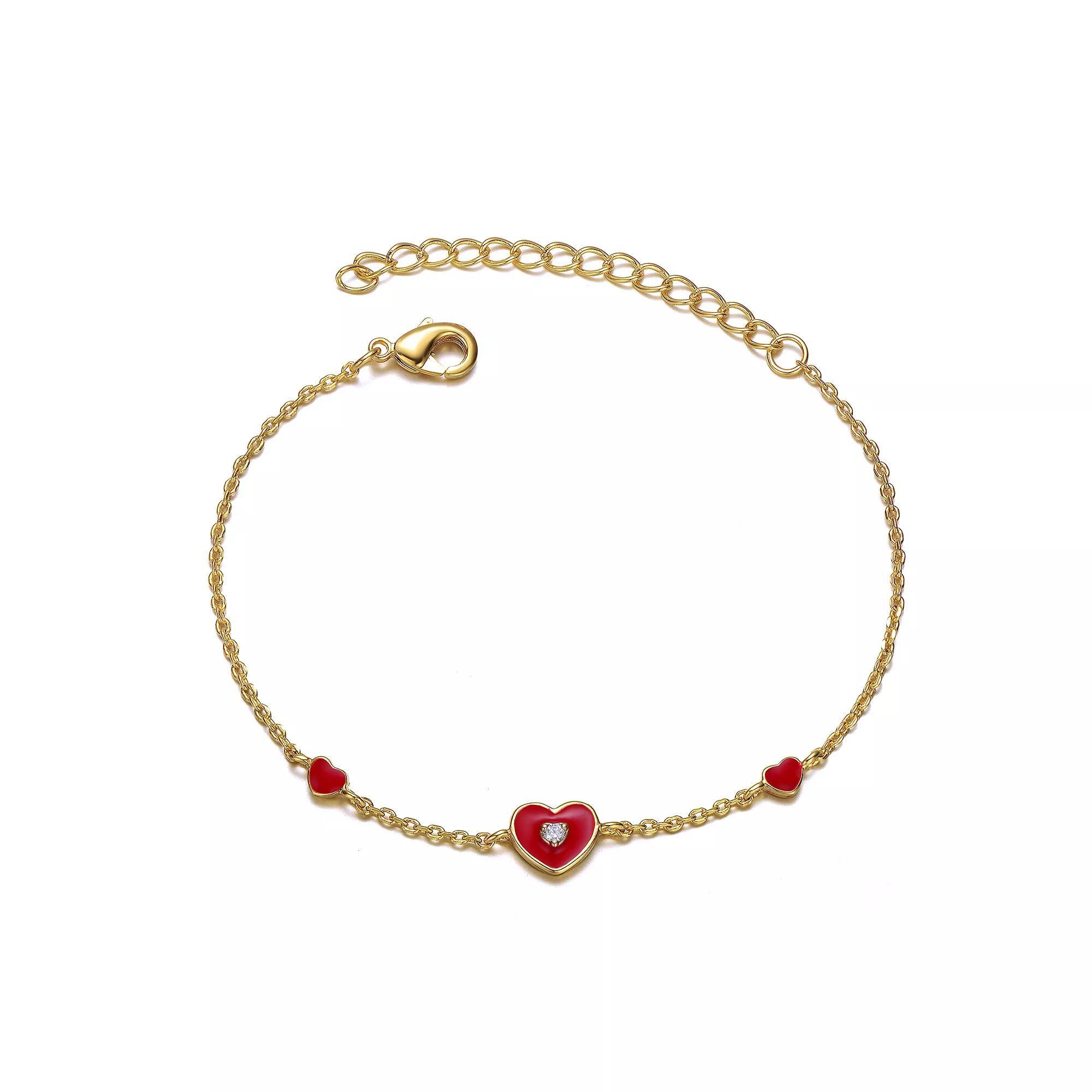 Kids 14k Gold Plated Bracelet Cubic Zirconia Enameled Heart Station Bracelet, Womens Gold Tone Product Image