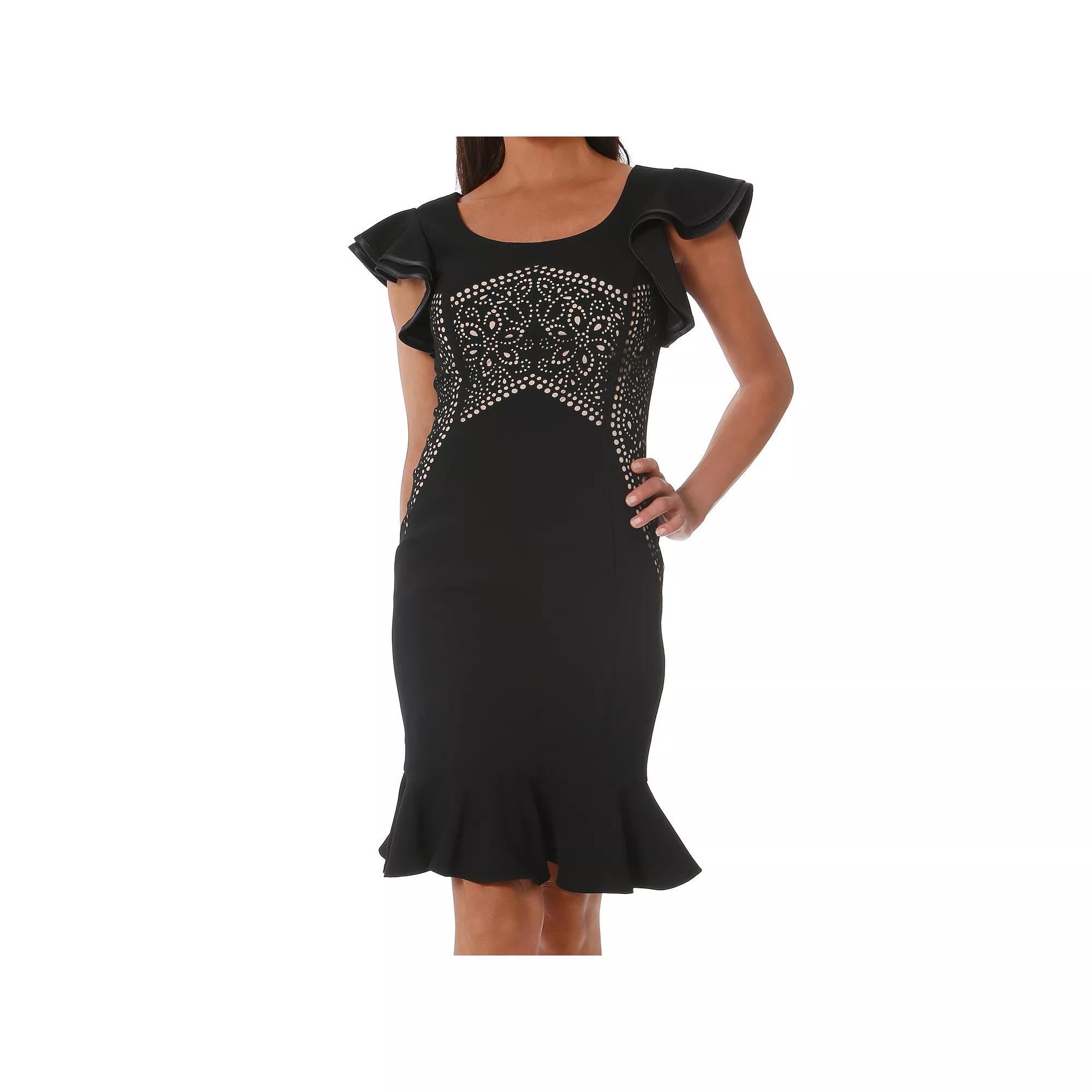 Women's Focus By Shani Laser Cutting Dress with Flutter Sleeves, Size: 8, Black Product Image