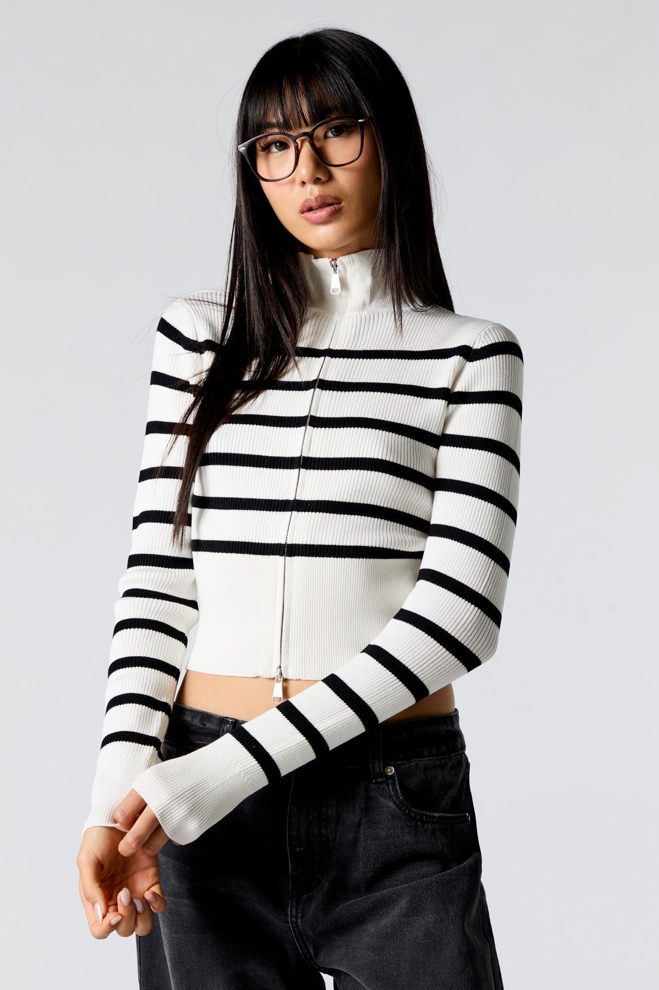 Striped Ribbed Knit Zip-Up Mock Neck Sweater Female Product Image