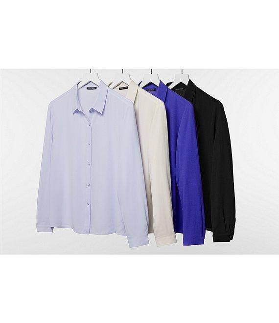 Eileen Fisher Petite Size Silk Georgette Crepe Point Collar Long Sleeve Button Front Shirt Product Image