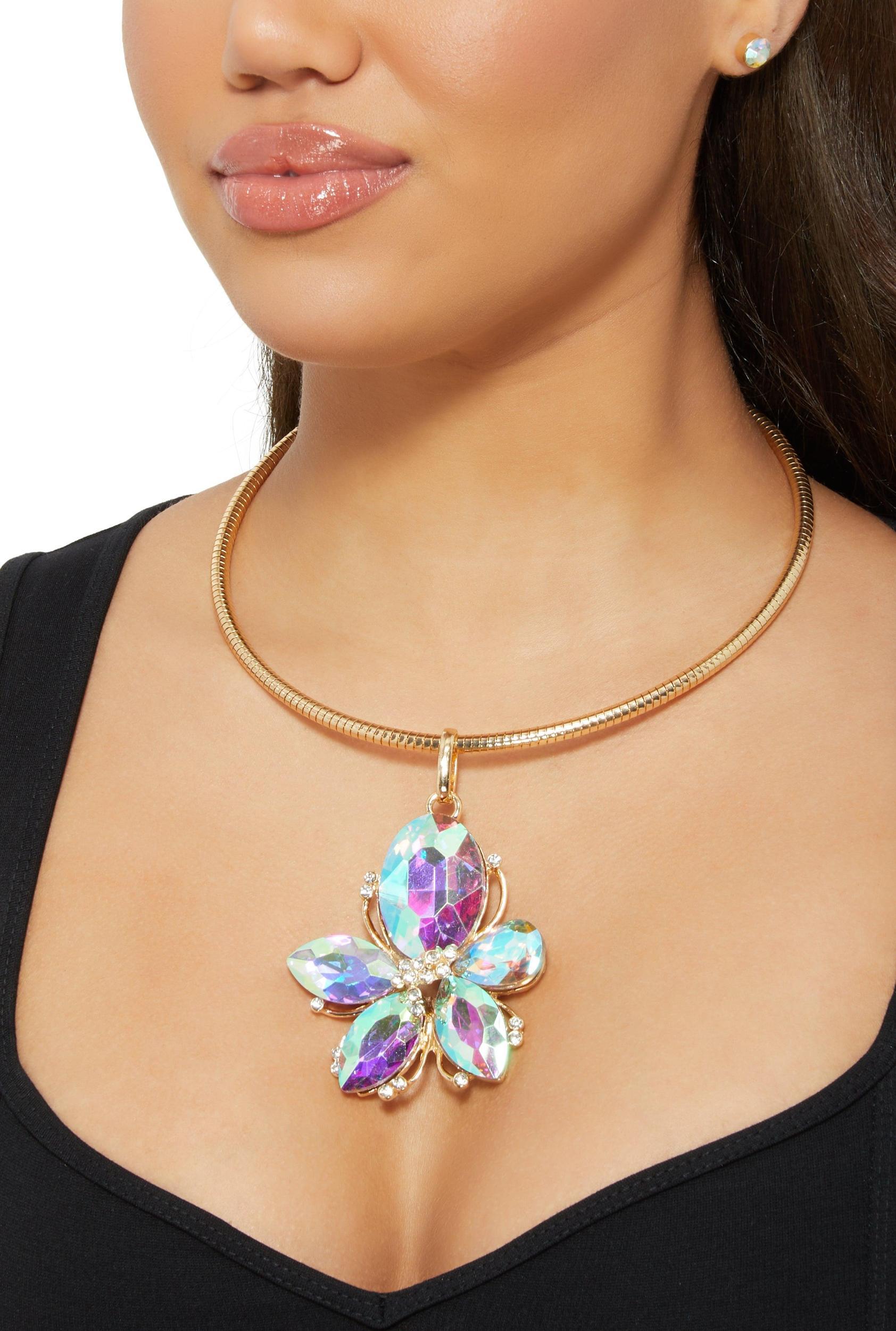 Rhinestone Flower Statement Necklace and Earrings Set Female Product Image