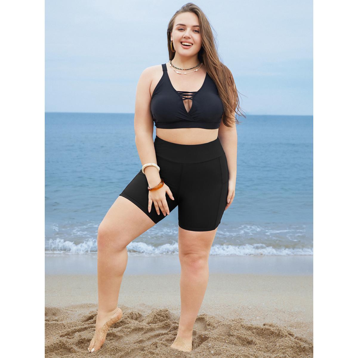 Plus Size Solid Wideband Waist Swim Shorts Women's Swimwear Black Beach Non High stretch Skinny High Rise Side seam pocket Curve Swim Bottoms BloomChic 14-16/1X Product Image