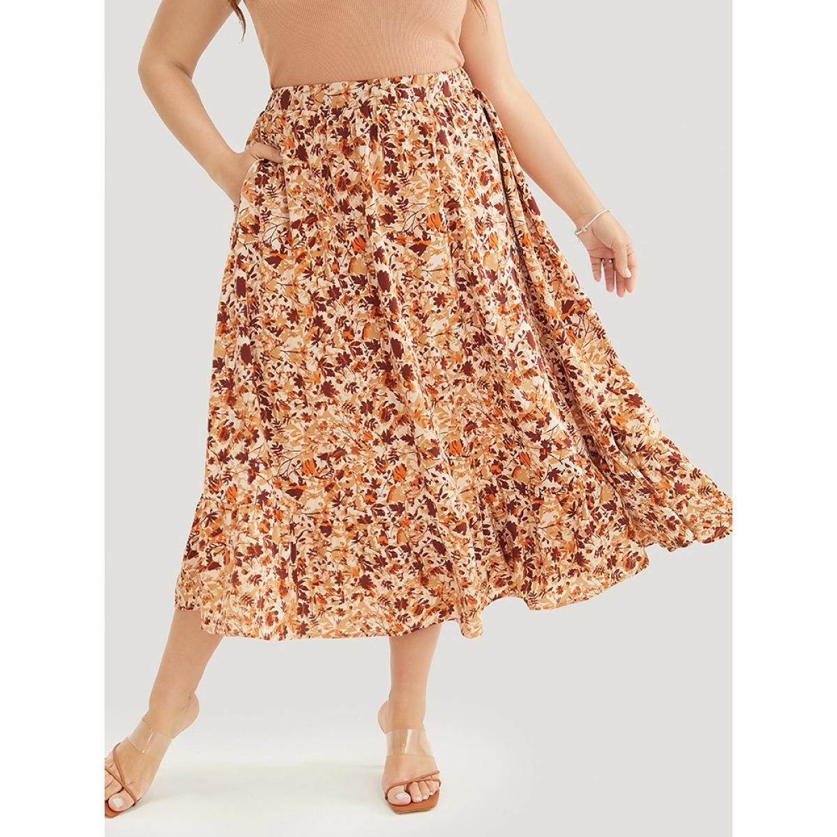Plus Size Plant Print Pocket Elastic Waist Ruffle Hem Skirt Women Rust Elegant No stretch Pocket Dailywear Skirts BloomChic 22-24/3X Product Image