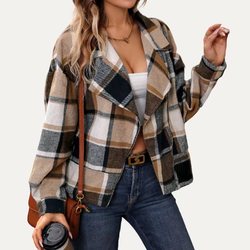Chic Classic Plaid Collared Neck Asymmetrical Zipper Shacket Product Image