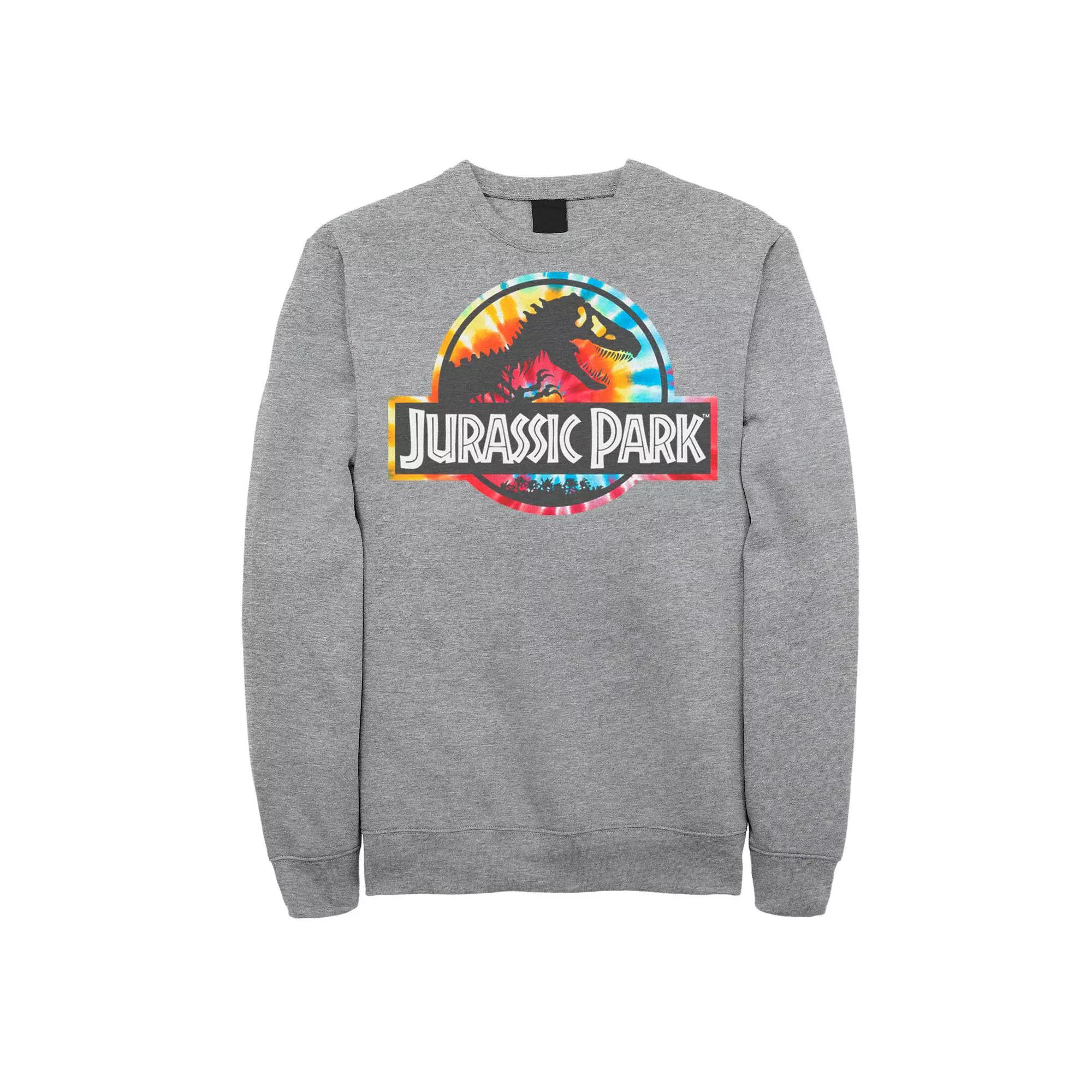 Men's Jurassic Park Tie Dye Circle Logo Graphic Fleece Pullover, Size: Large, Athletic Grey Product Image