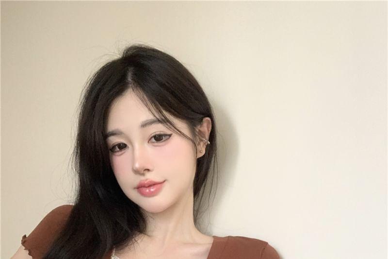 Short Sleeve V-Neck Bow Mock Two Piece Button Crop Top Product Image