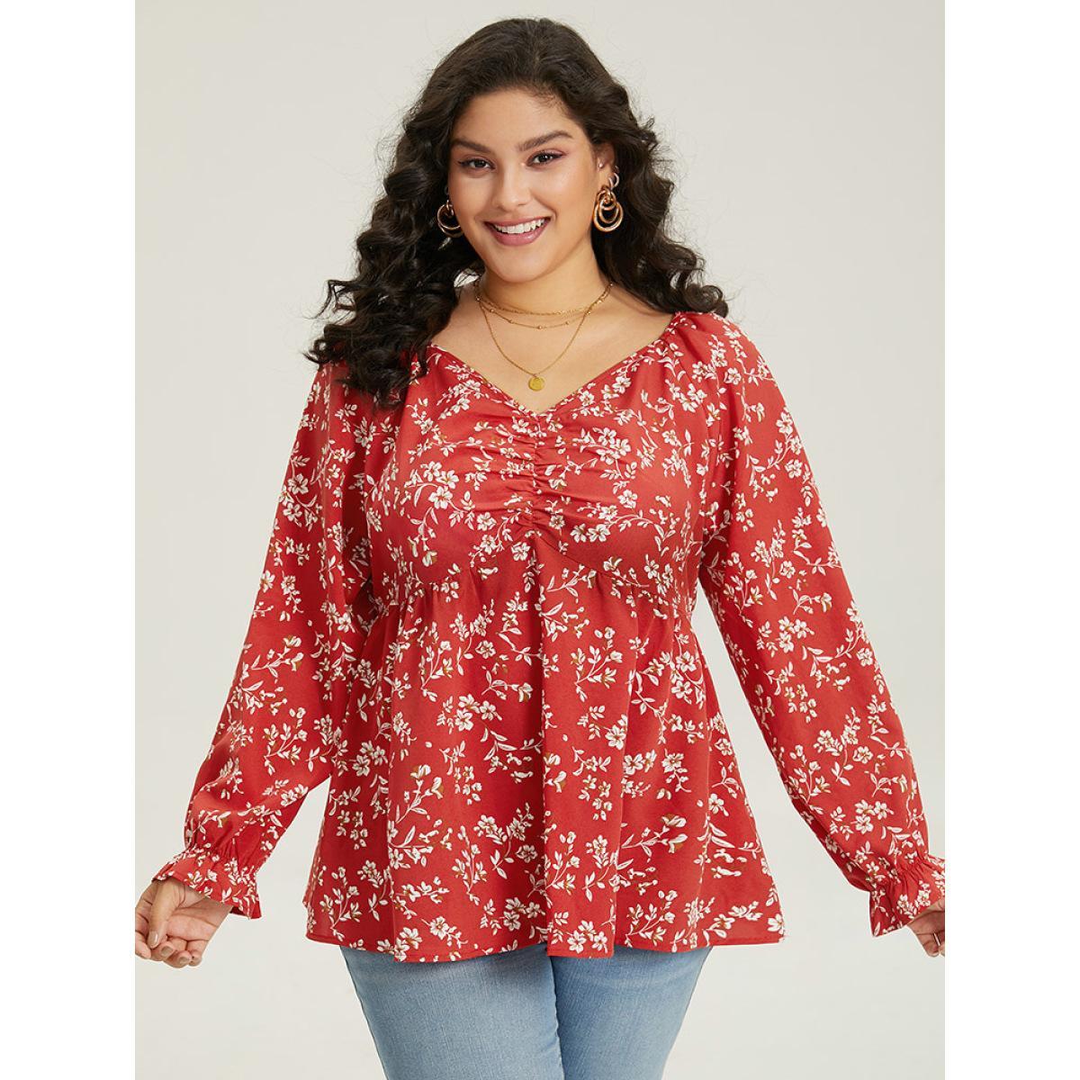 Plus Size Rust Floral Print Ruched Lantern Sleeve Blouse Women Elegant Long Sleeve V-neck Dailywear Blouses BloomChic 18-20/2X Product Image