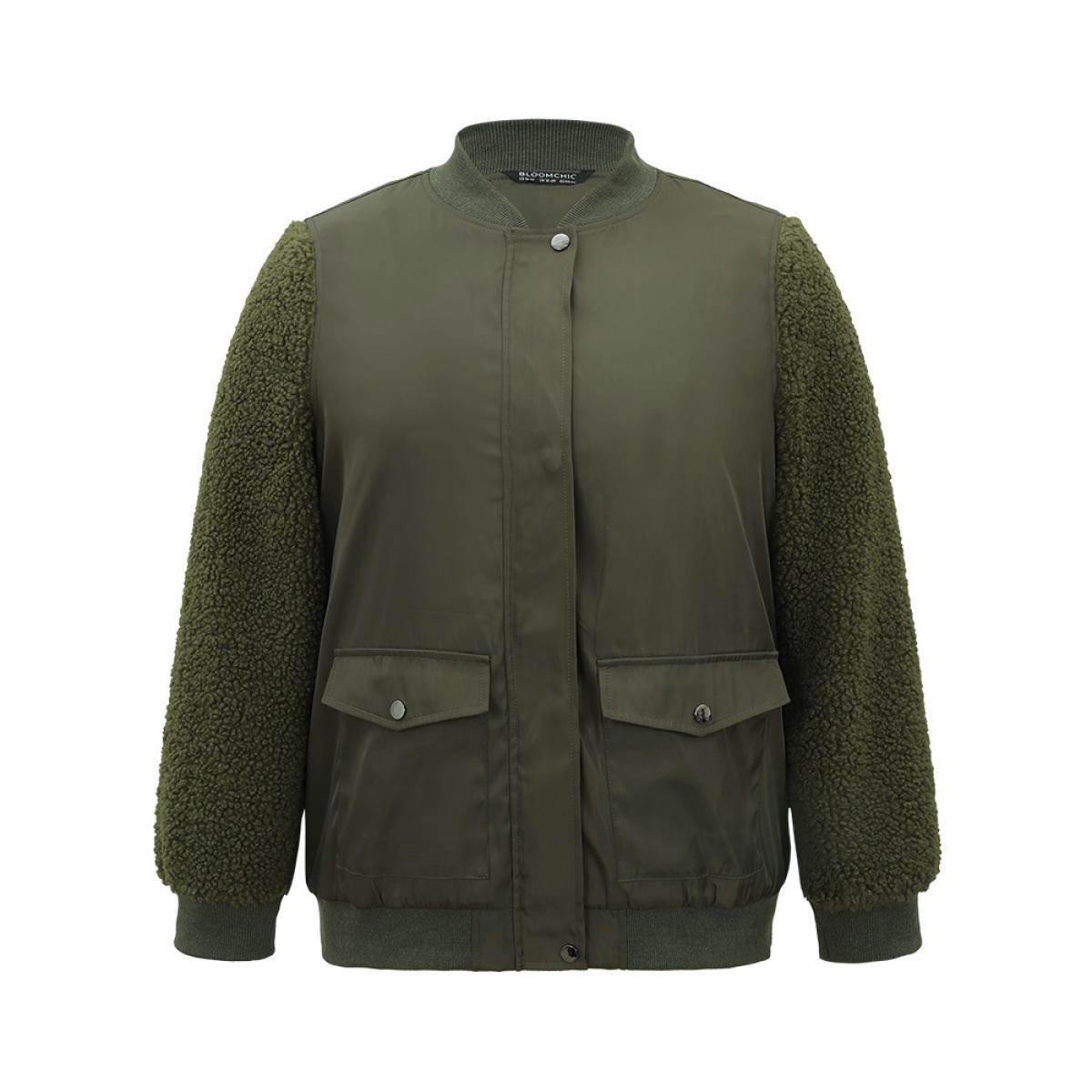 Plus Size Plain Fuzzy Patchwork Zipper Flap Pocket Jacket Women ArmyGreen Rib Knit Pocket Dailywear Jackets BloomChic 26/4X Product Image
