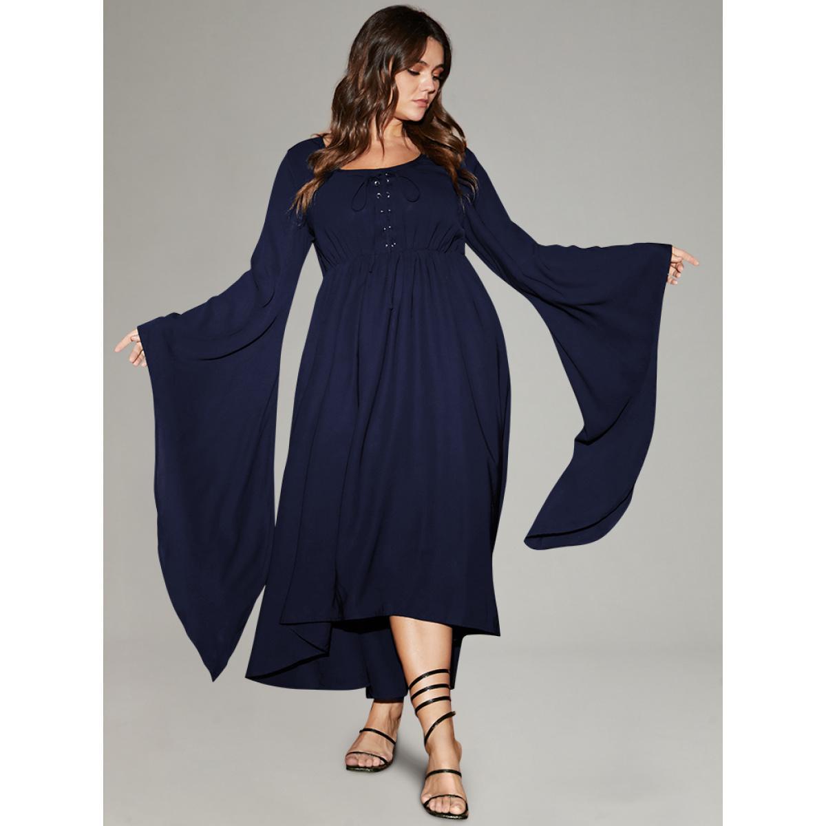Plus Size Solid Bell Sleeve Pocket Ties High Low Hem Dress DarkBlue Women Elegant Non V-neck Long Sleeve Curvy Midi Dress BloomChic 18-20/2X Product Image