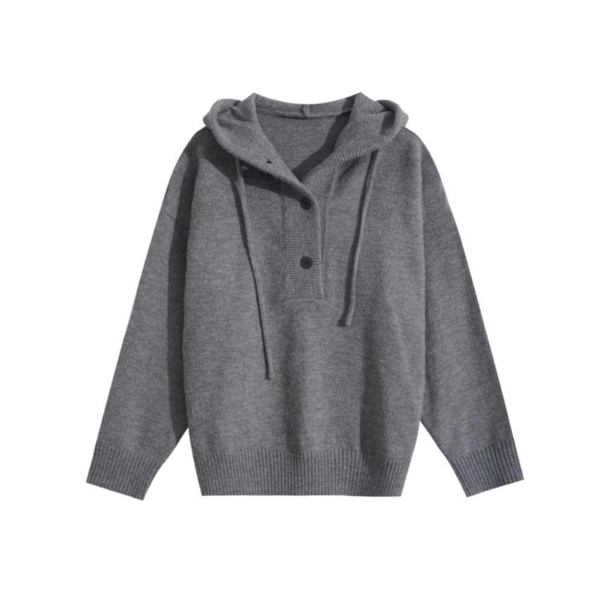 Plain Half-Buttoned Knit Hoodie Product Image