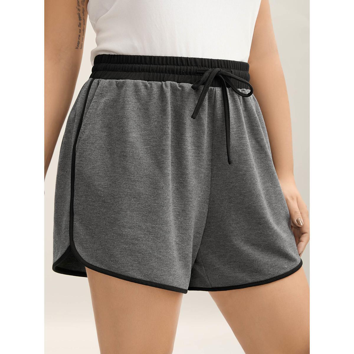 Plus Size Color Block Drawstring Plain Shorts Women DimGray Casual Contrast Loose Everyday Shorts BloomChic 10/M Product Image