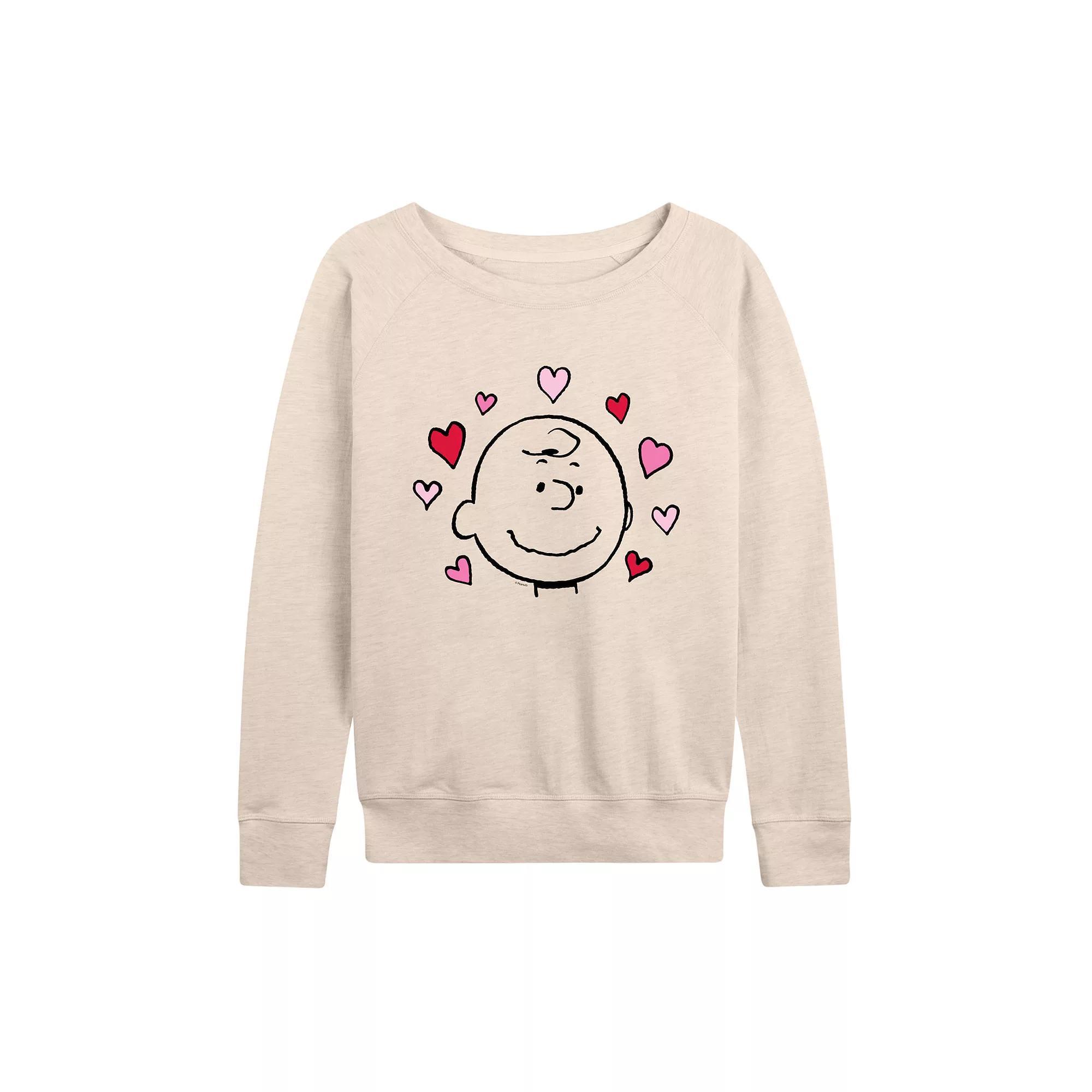 Womens Peanuts Charlie Brown Face With Hearts French Terry Long Sleeve Tee Product Image