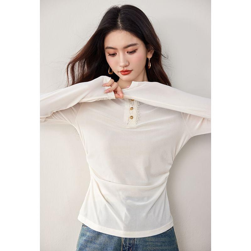 Long-Sleeve Henley Plain Lace Trim Hooded Slim Fit T-Shirt Product Image