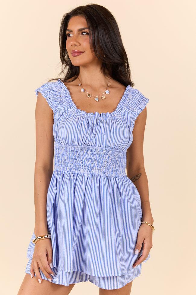 Good Things Take Time Blue Stripe Smocked Romper SALE Product Image