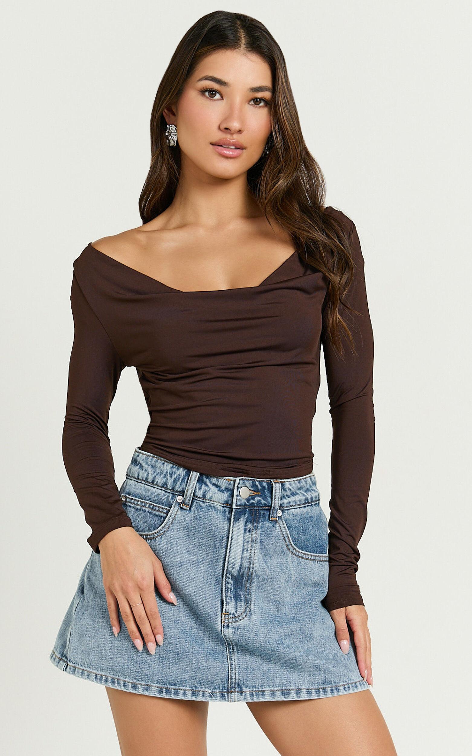 Blaire Top - Long Sleeve Cowl Neck Top in Chocolate Product Image