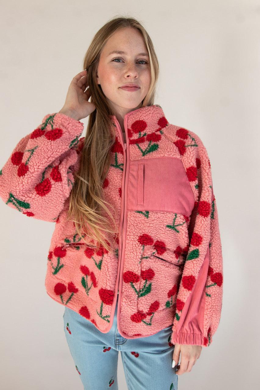 Fruit Pattern Corduroy Detail Faux Sherpa Jacket Product Image