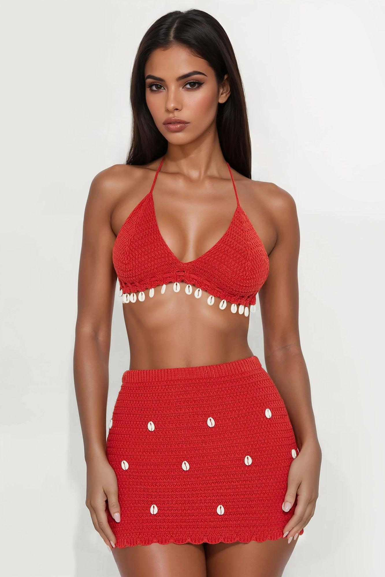 Karly Crochet Seashells Halter Mini Skirt Set - Rust Product Image