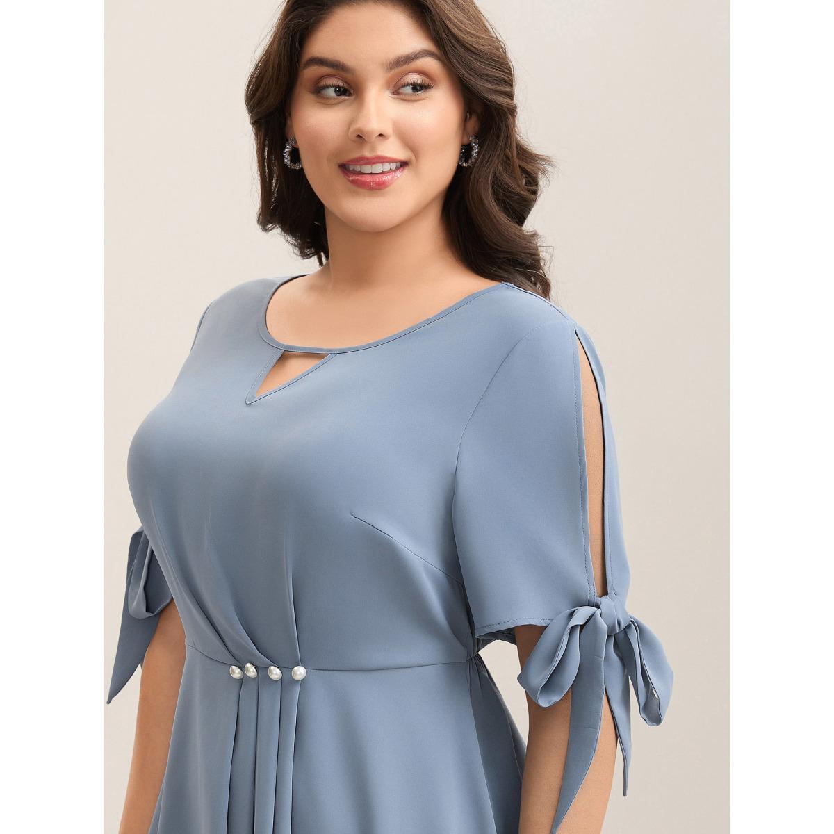 Plus Size Stone Knotted Sleeve Pearl Detail Keyhole Blouse Women Short sleeve Round Neck Work Blouses BloomChic 30/6X Product Image