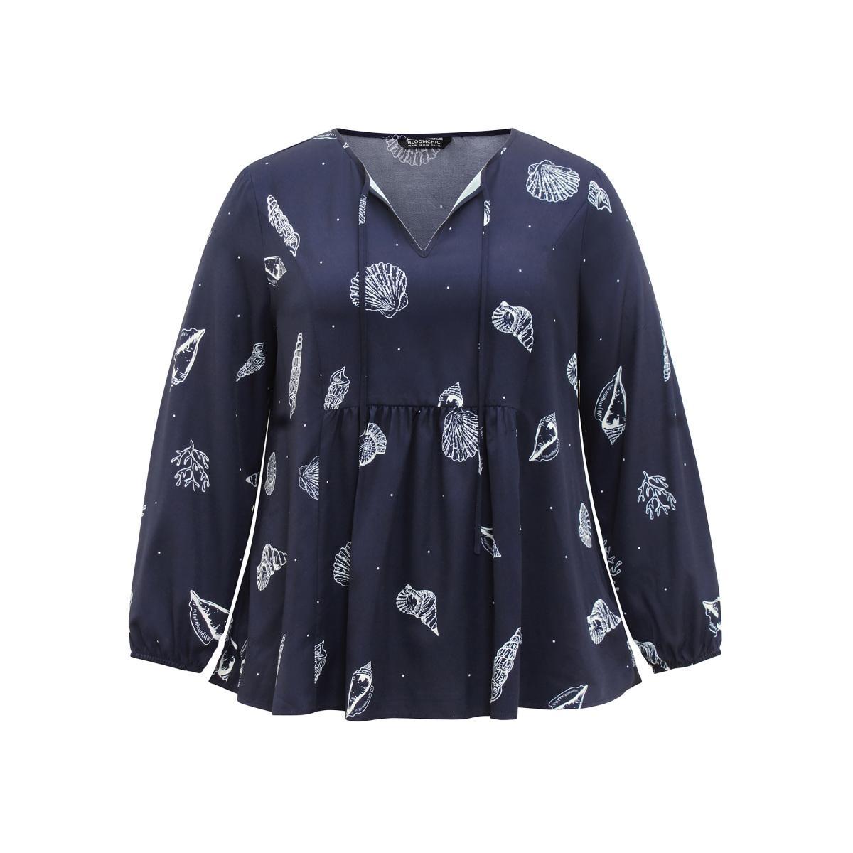 Plus Size Indigo Marine Life Patterns Ties Gathered Blouse Women Vacation Long Sleeve Tie Neck Vacation Blouses BloomChic 22-24/3X Product Image
