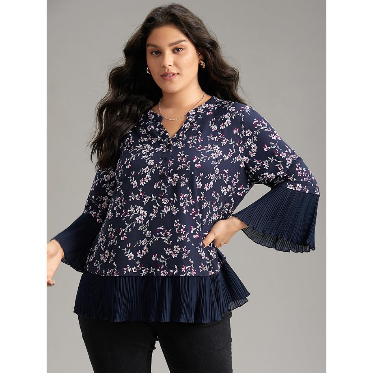 Plus Size Indigo Ditsy Floral Pleated Cuffs Patchwork Blouse Women Elegant Elbow-length sleeve V-neck Dailywear Blouses BloomChic 18-20/2X Product Image