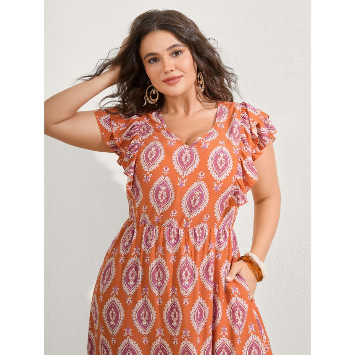 Plus Size Rayon Boho Print Pocket Midi Dress Coral Women V-neck Cap Sleeve Curvy BloomChic 18-20/2X Product Image