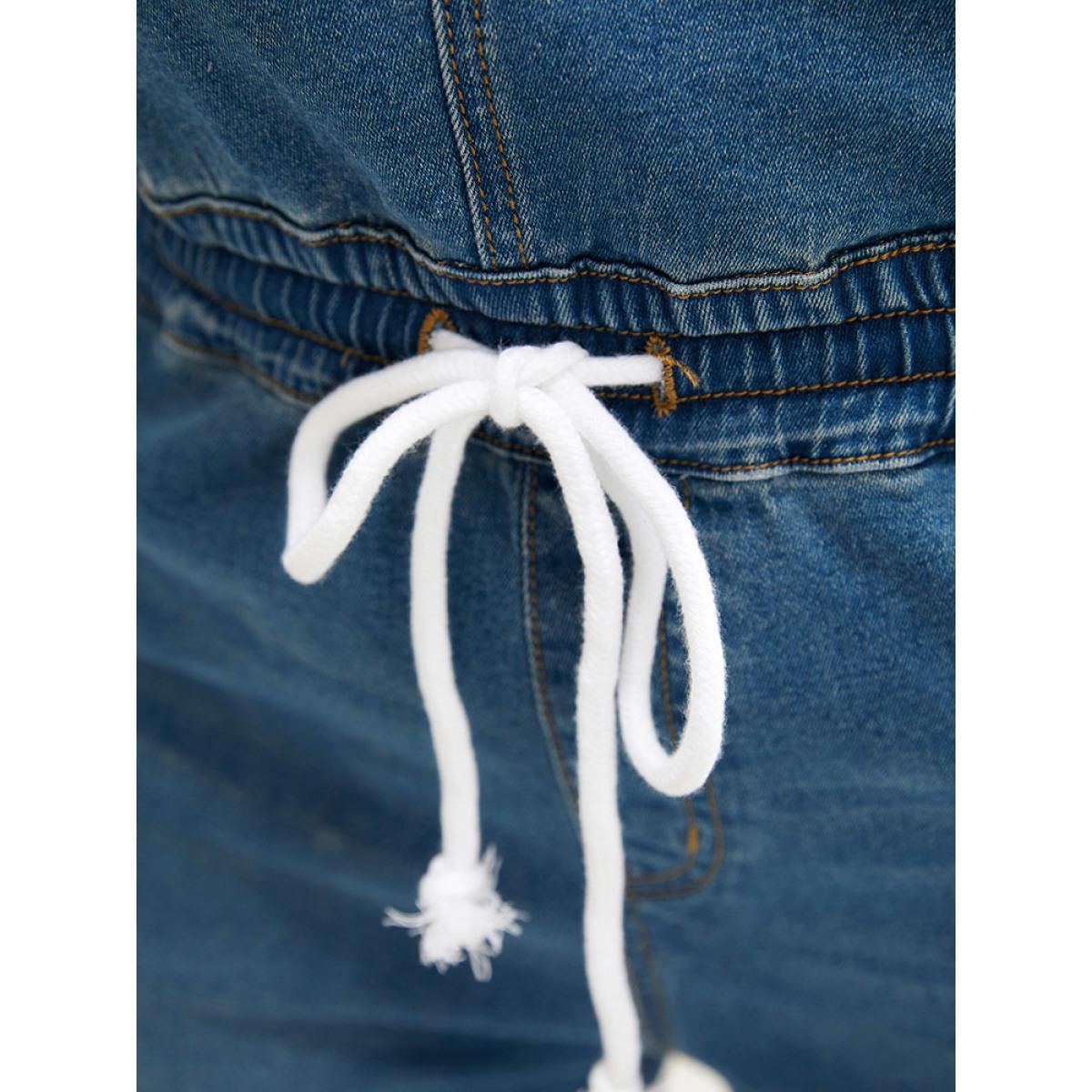 Plus Size Drawstring Button Up Dark Wash Denim Overalls Blue Women Plain Low stretch Dailywear Pocket Casual Denim Jumpsuits BloomChic 26/4X Product Image