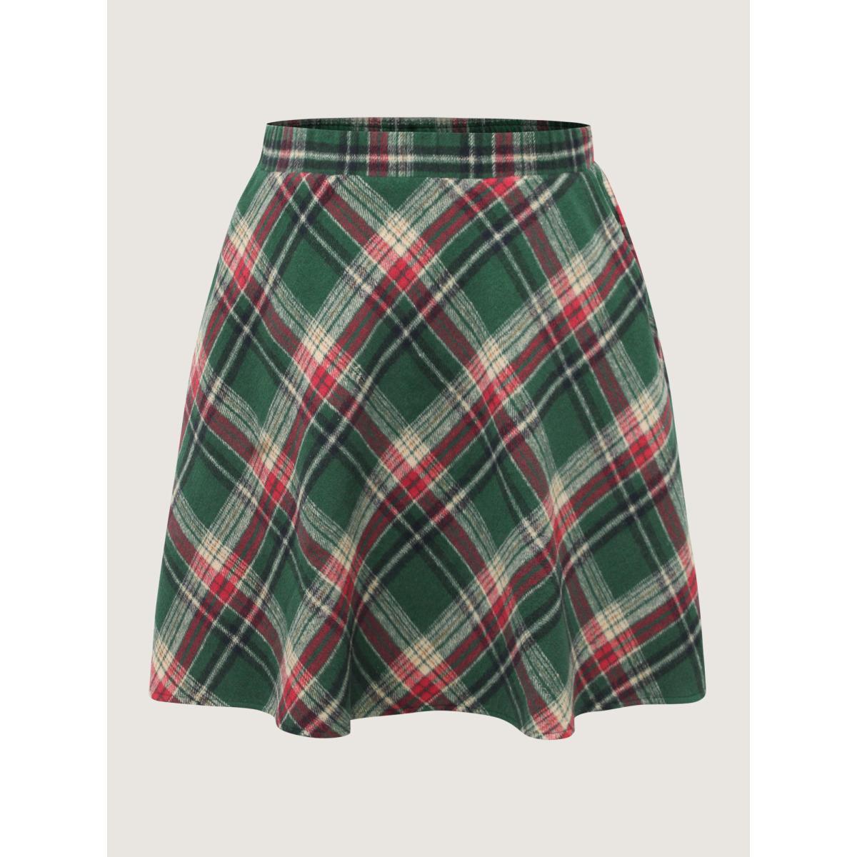 Plus Size Plaid Pattern Elastic Waist A-line Mini Skirt Women DarkGreen Elegant Low stretch Slanted pocket Everyday Skirts BloomChic 18-20/2X Product Image