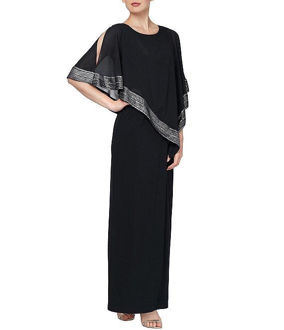 Ignite Evenings Petite Size Asymmetrical 3/4 Capelet Cold Shoulder Sleeve Round Neck Metallic Trim Popover Dress Product Image