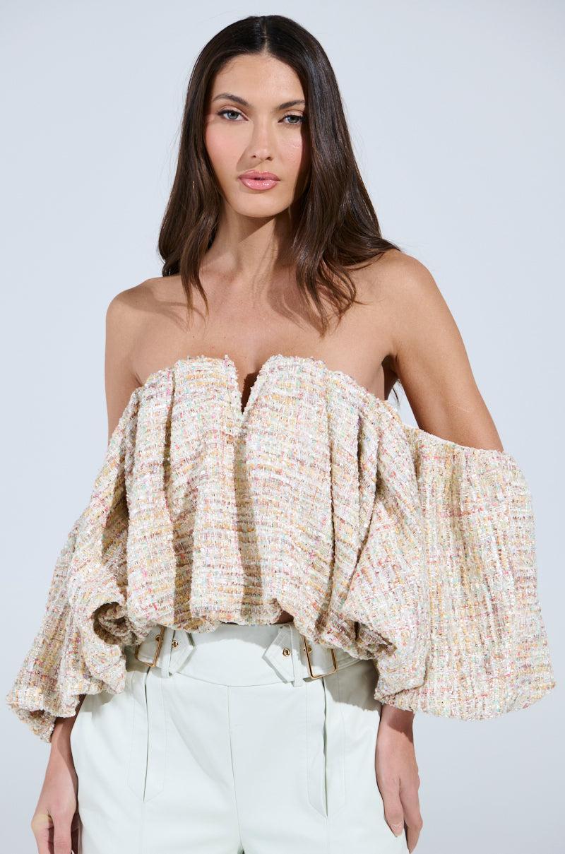 THE PRETTIEST FLOWER TWEED OFF-SHOULDER TOP Product Image