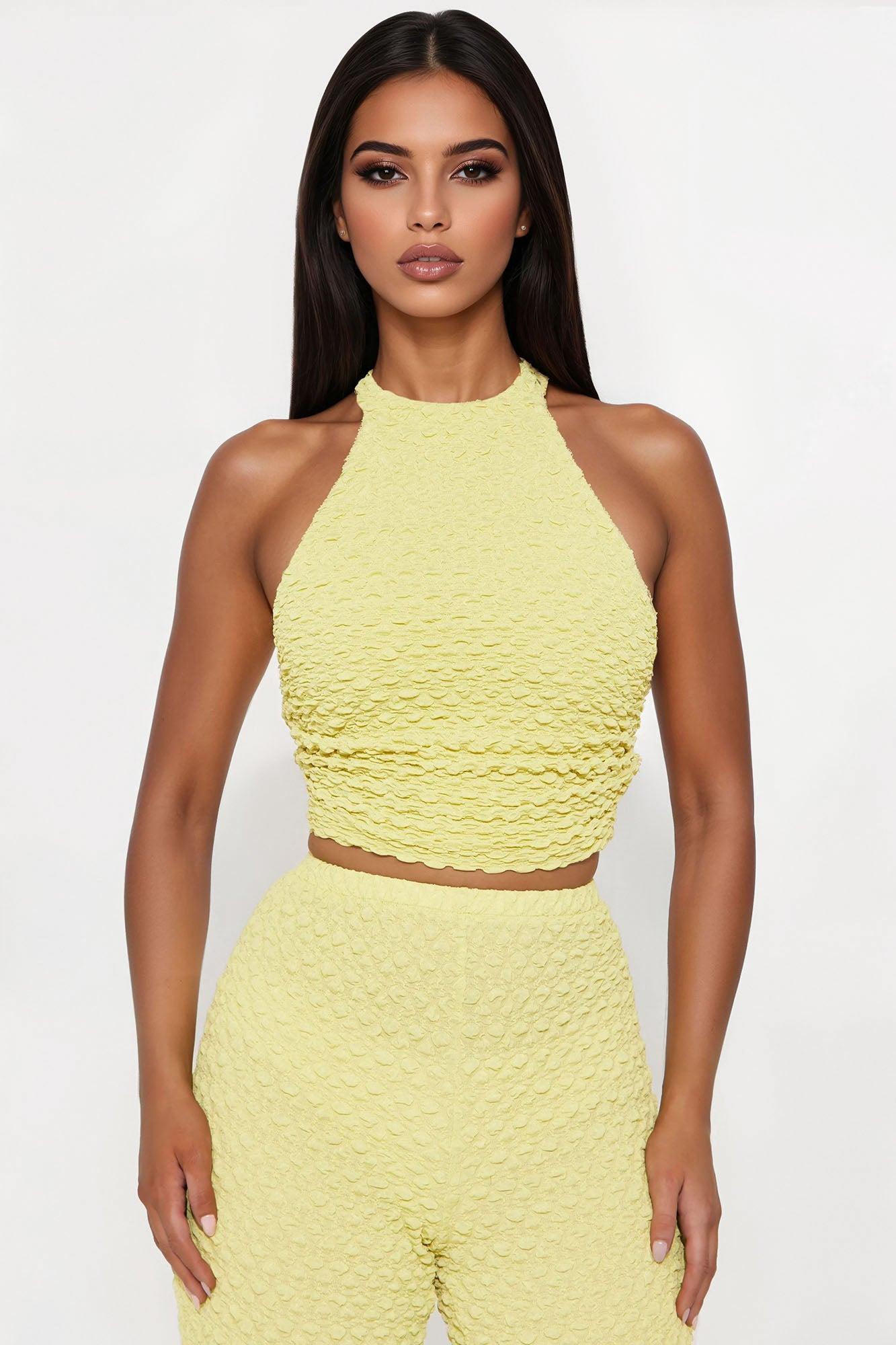 Alana Textured Halter Pant Set - Chartreuse Product Image