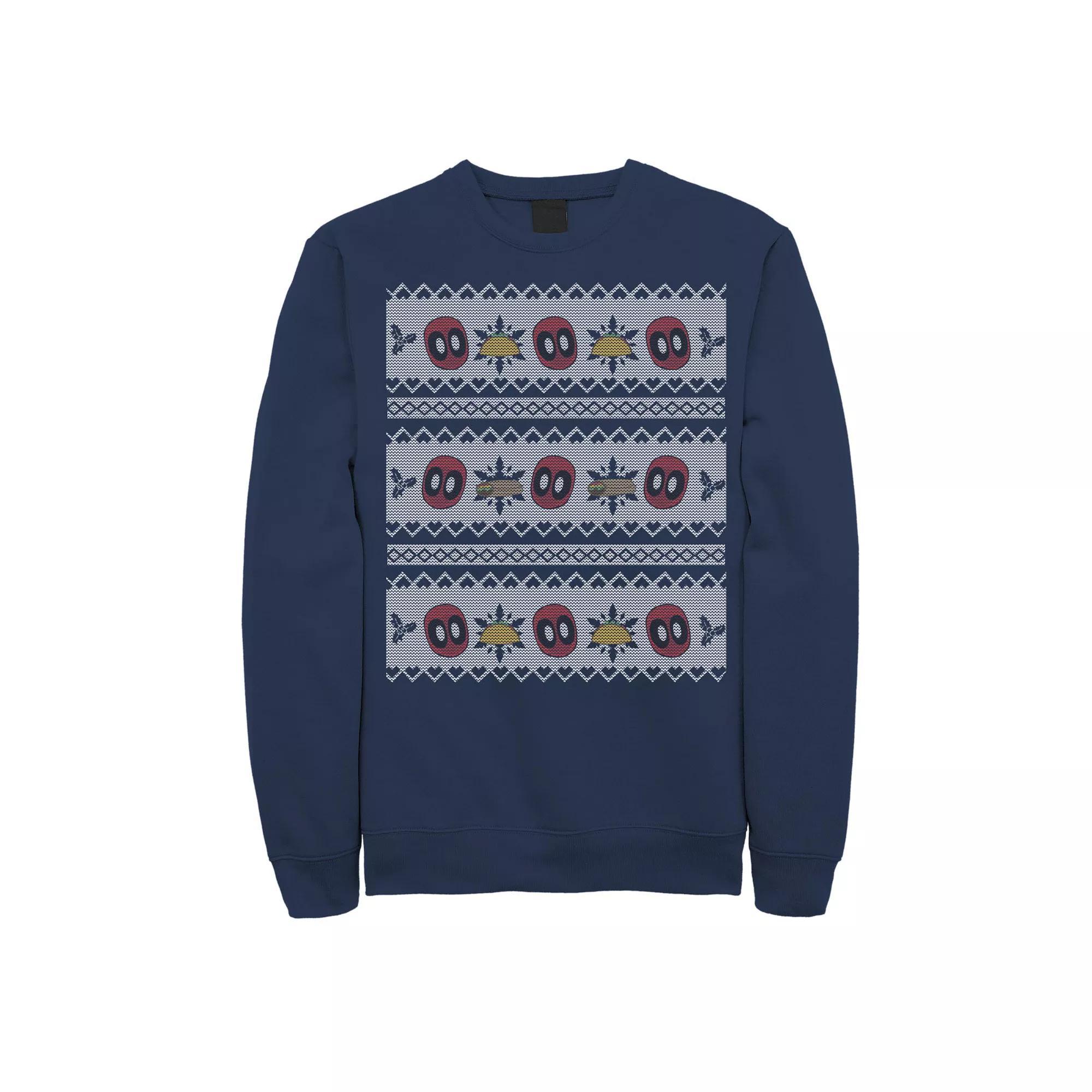 Men's Marvel Deadpool Chimichanga & Taco Ugly Christmas Sweater Fleece, Size: XL, Blue Product Image