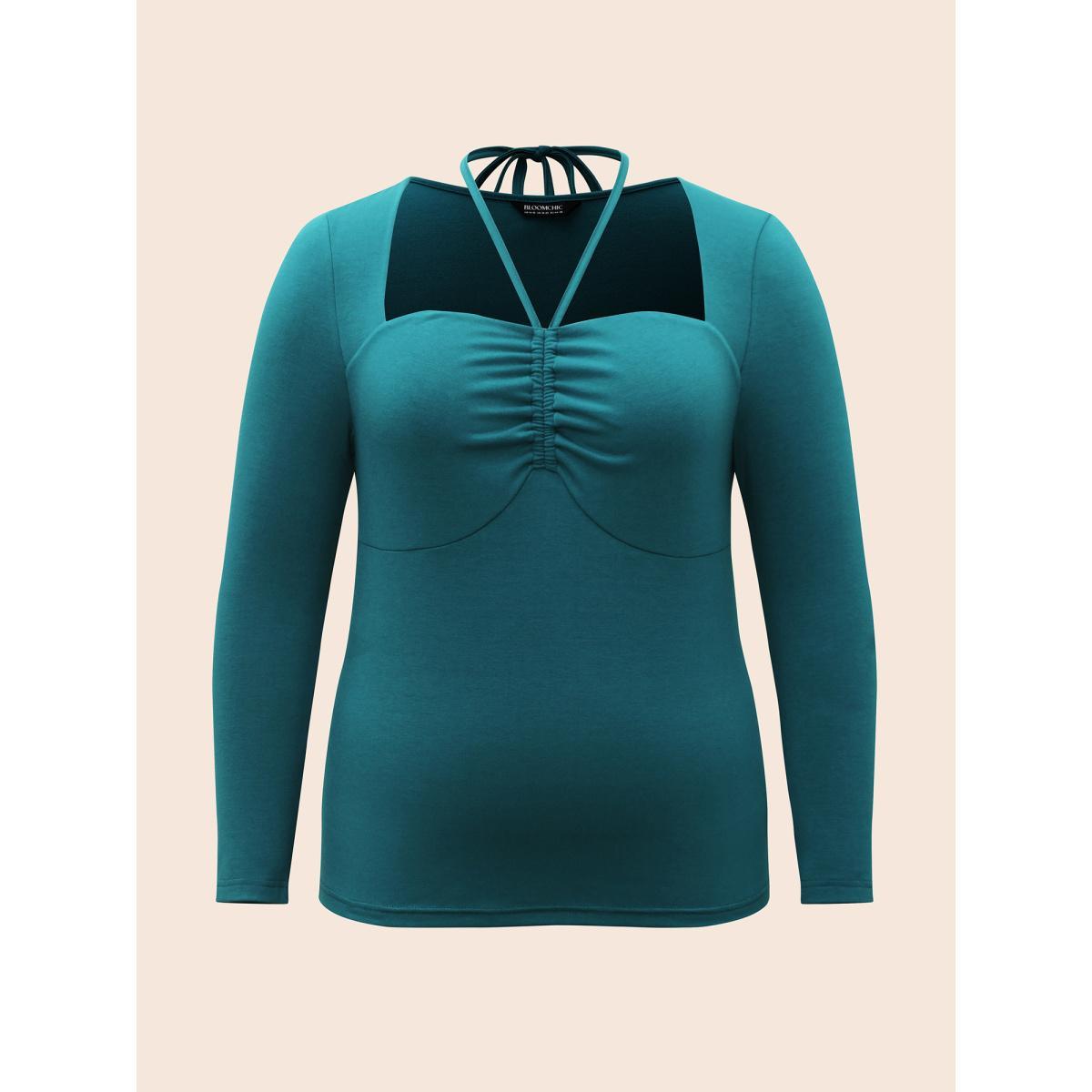 Plus Size Solid Ruched Tie Knot T-shirt Aegean Women Elegant Tie knot Asymmetrical Neck Skinny Everyday T-shirts BloomChic 18-20/2X Product Image