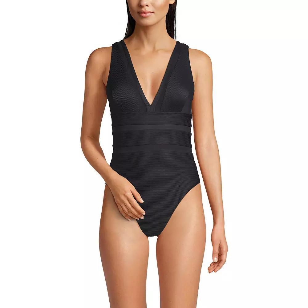 Women's Lands' End Mesh Ribbed Plunge High Leg One-Piece Swimsuit, Size: 10, Black Ottoman Product Image