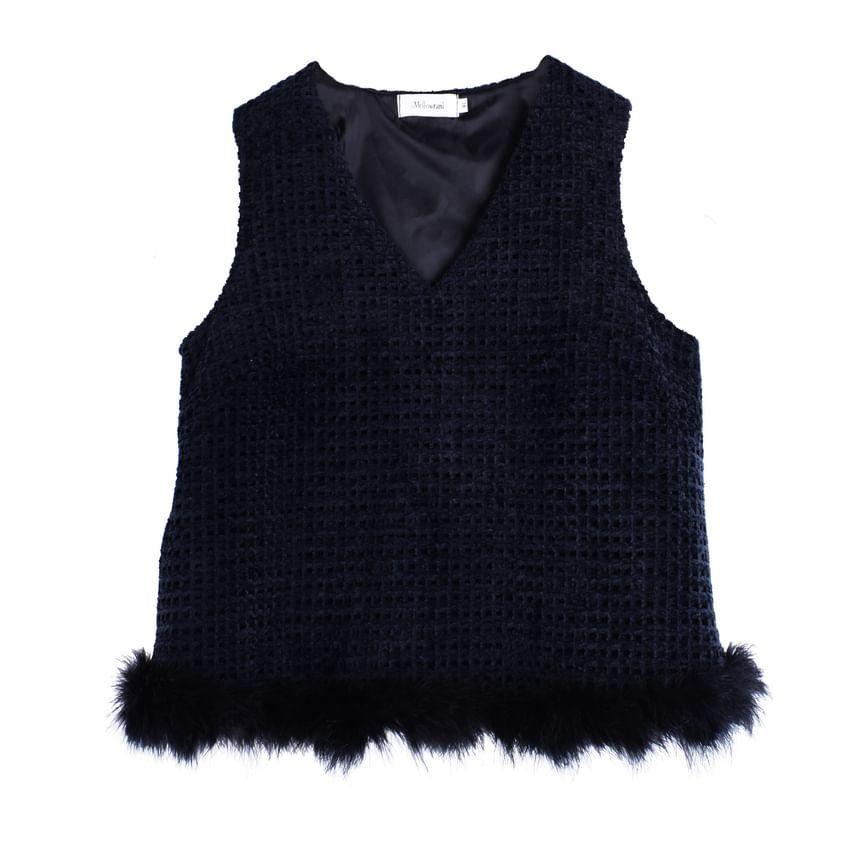 Plus Size Long-Sleeve Mock Neck Plain Ribbed Knit Top / V-Neck Fluffy Trim Vest / High Waist Midi Straight Skirt Product Image