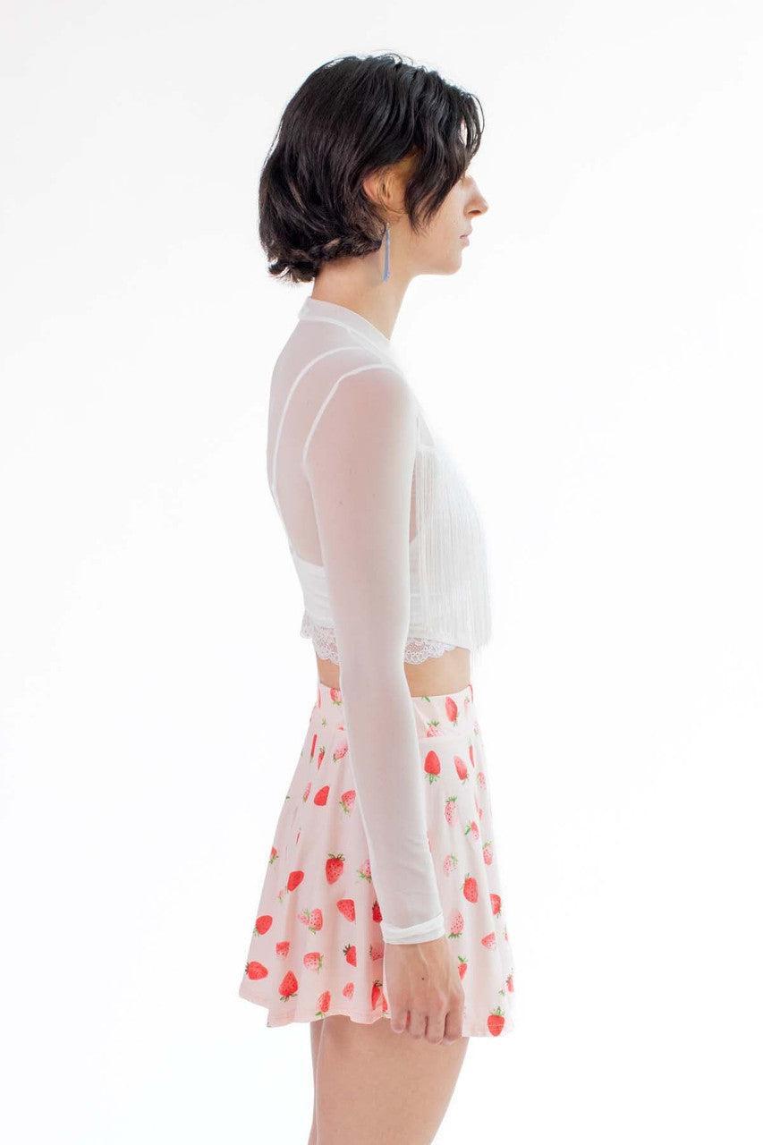 White Long Sleeve Fringe Trim Mesh Top Product Image