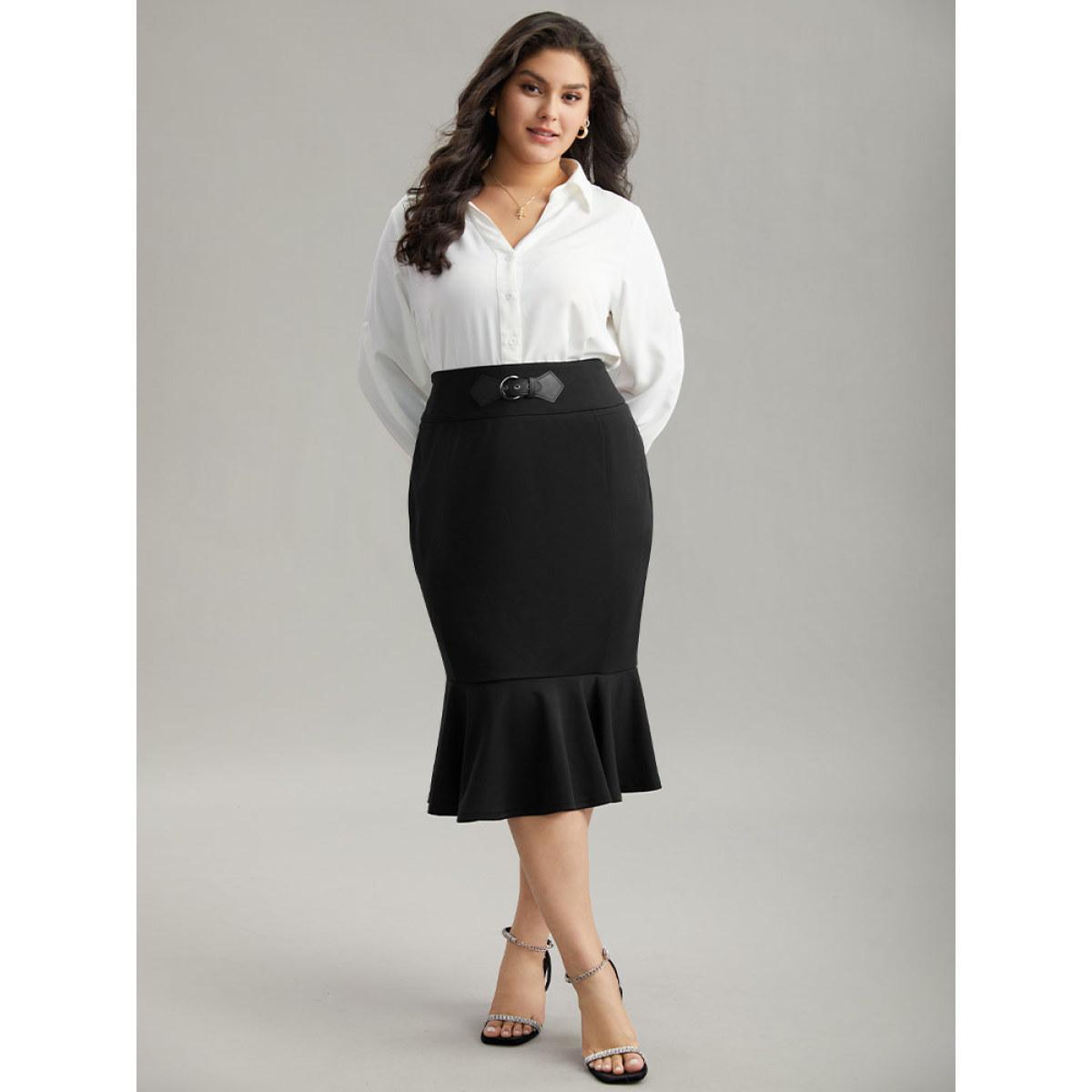 Plus Size Plain Ruffles Buckle Detail Mermaid Hem Skirt Women Black Office Style accents Bodycon Medium stretch Work Skirts BloomChic 12/L Product Image