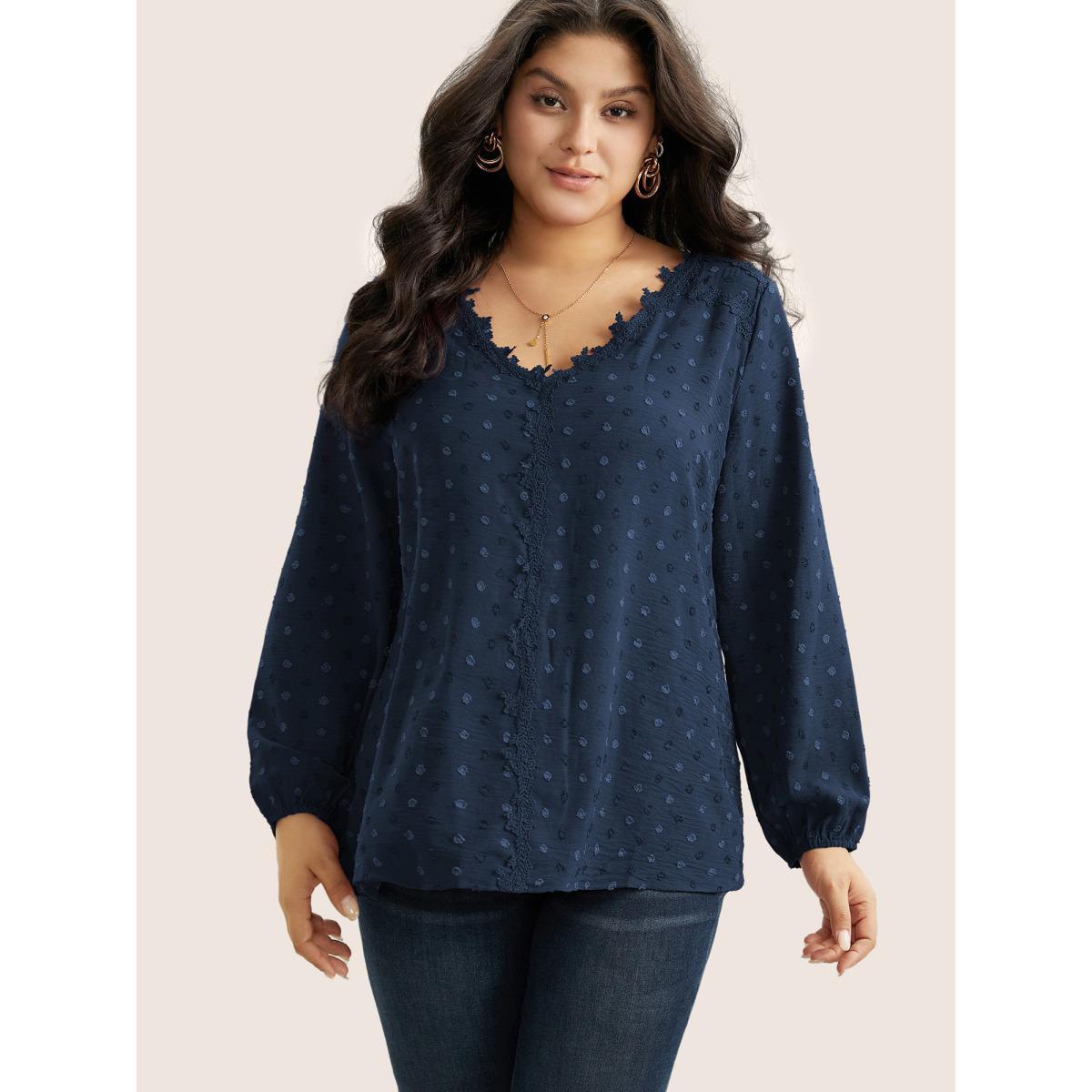 Plus Size Indigo Plisse Eyelet Lace Elastic Cuffs Blouse Women Elegant Long Sleeve V-neck Everyday Blouses BloomChic 12/L Product Image