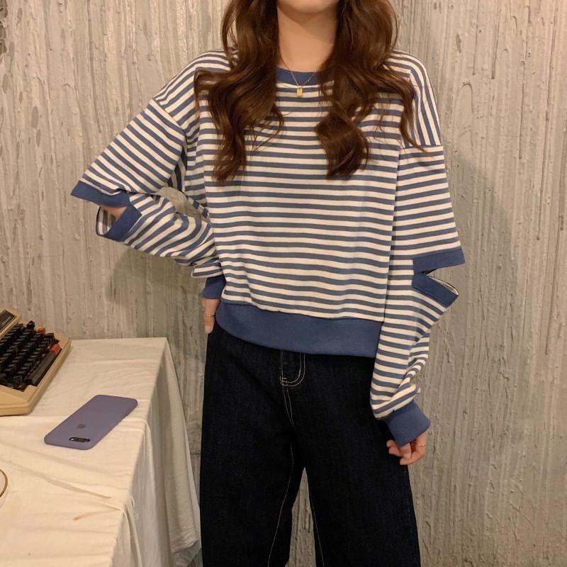 Crewneck Striped Cutout Pullover Product Image