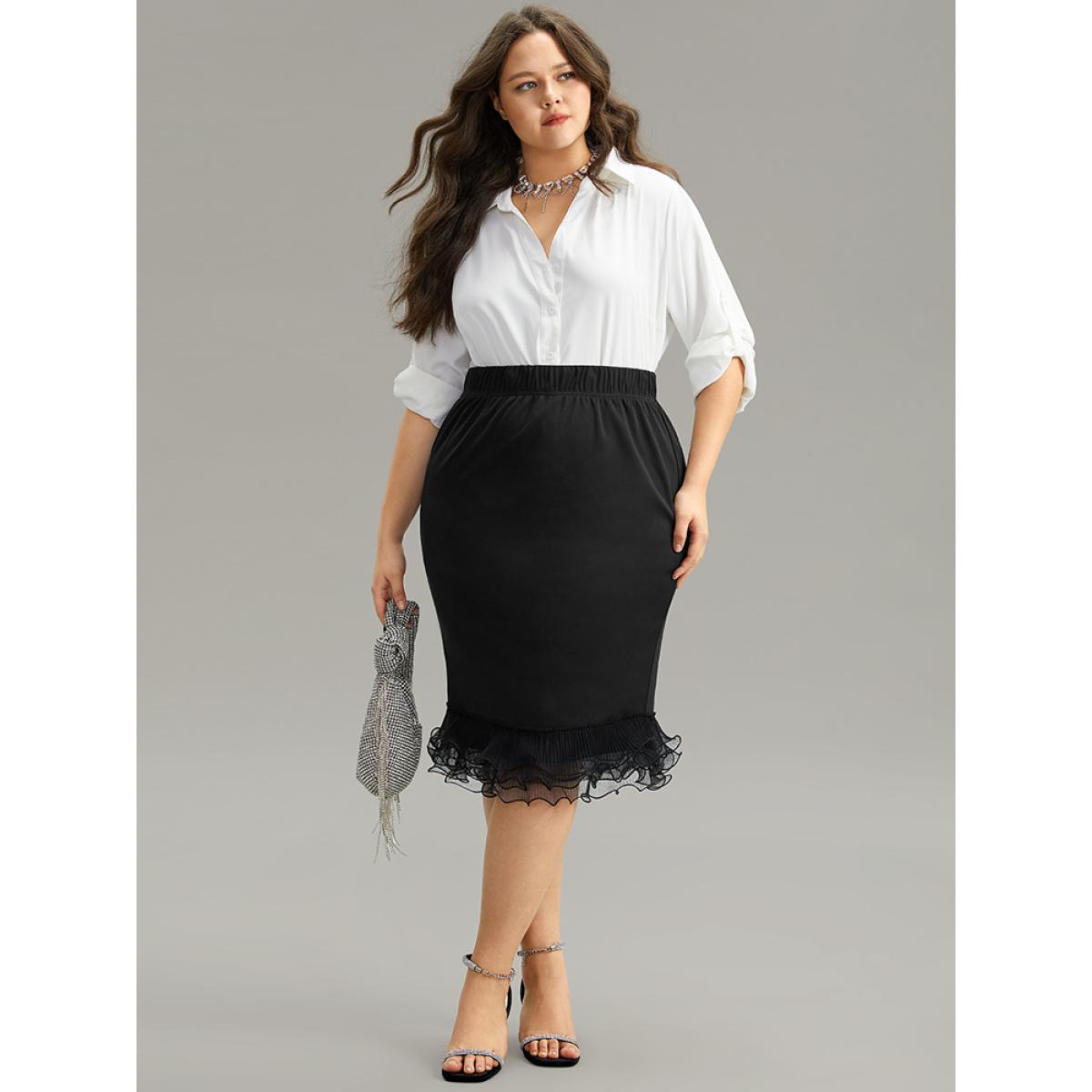 Plus Size Guipure Lace Ruffles Split Hem Bodycon Skirt Women Black Glamour Plain Bodycon Medium stretch Festival-Christmas Skirts BloomChic 12/L Product Image