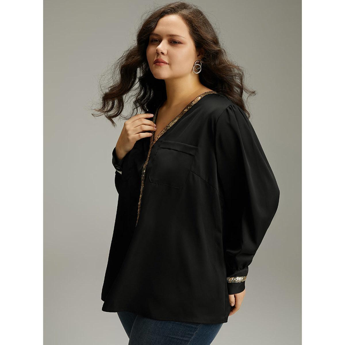 Plus Size Black Sequin Patchwork V Neck Blouse Women Glamour Long Sleeve V-neck Party Blouses BloomChic 22-24/3X Product Image